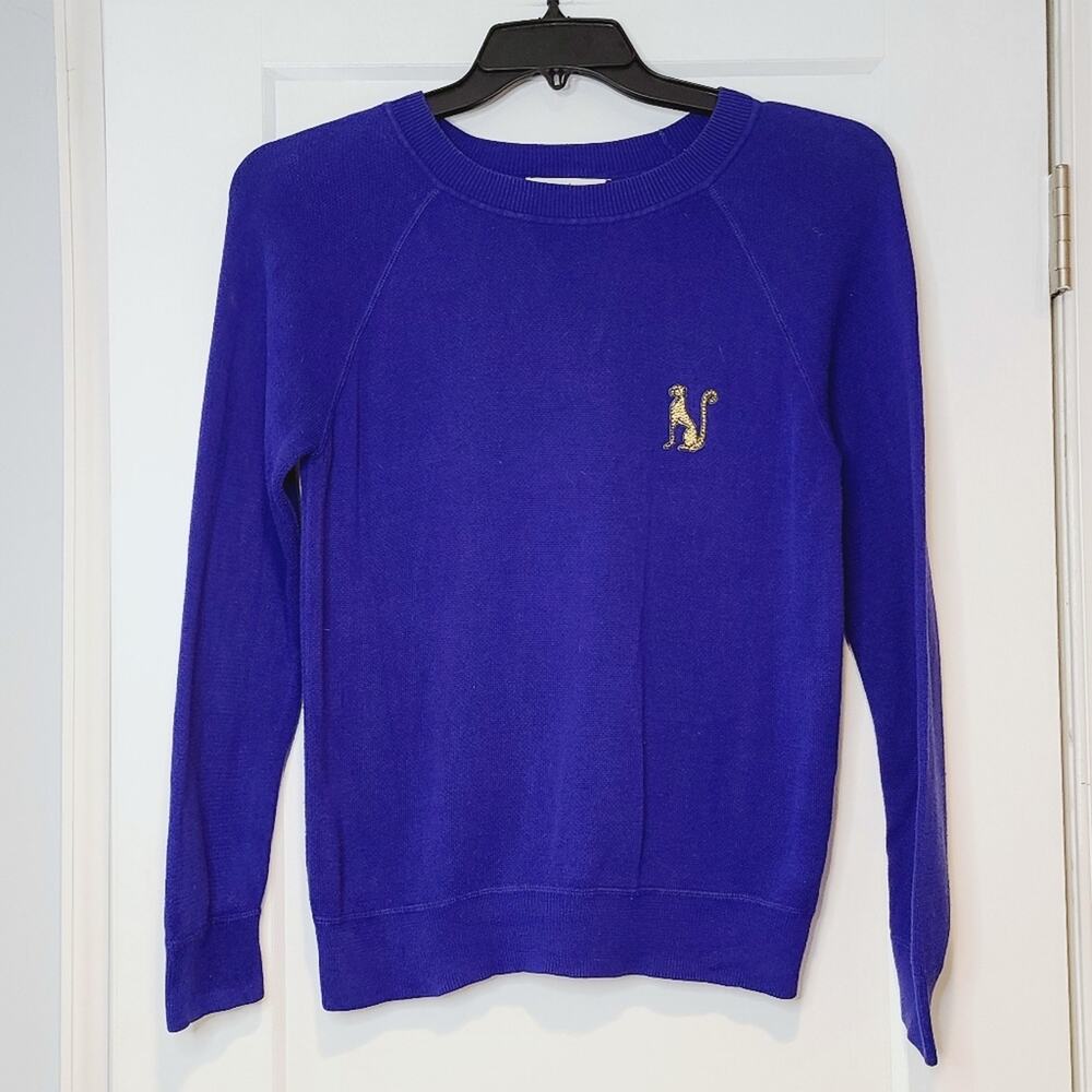 Sandro Paris Blue Crewneck Sweater Leopard Patch French Girl Minimalist